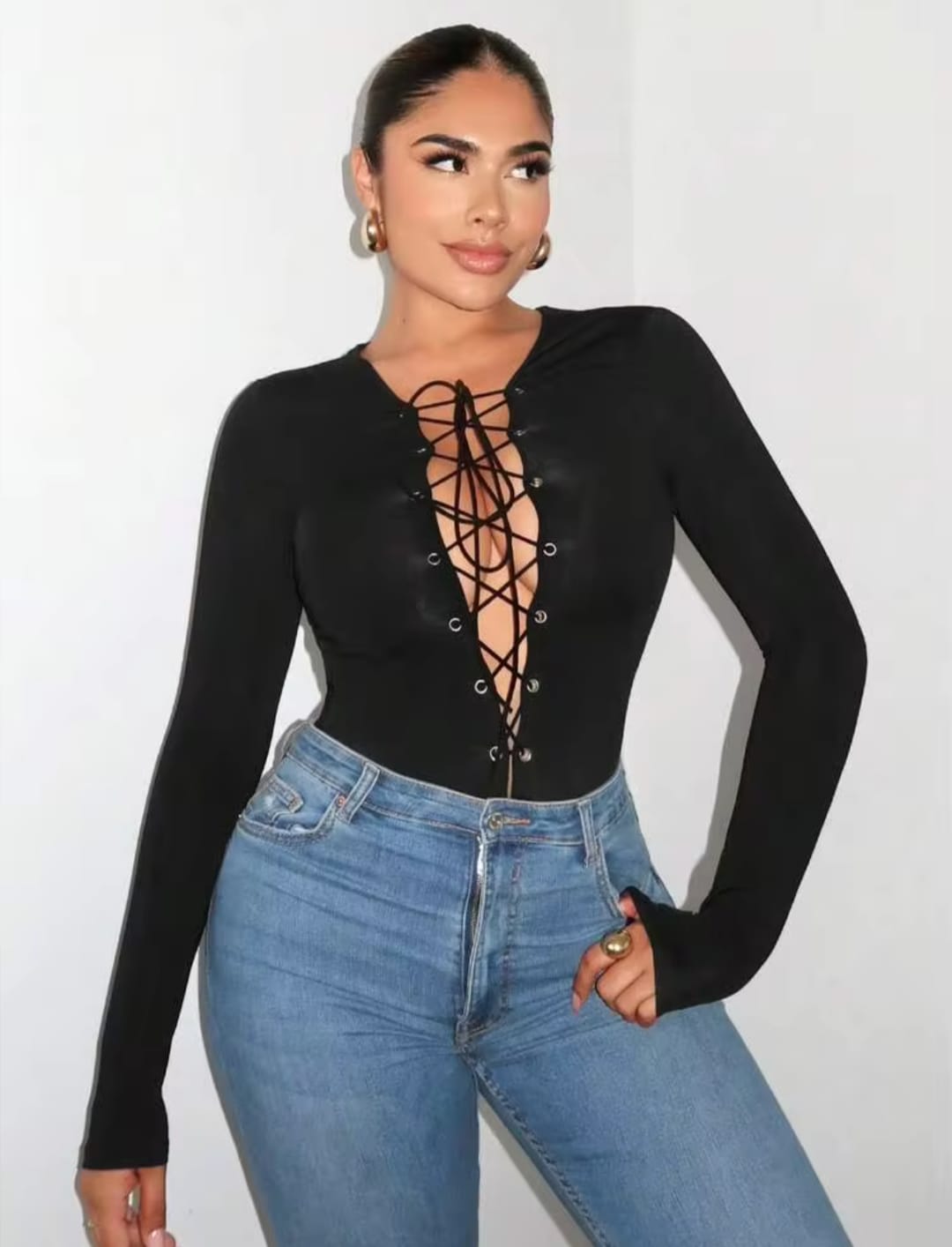 Women’s Black Lace-Up Long Sleeve Bodysuit – Deep V-Neck Stylish High-Cut Fashion Bodysuit